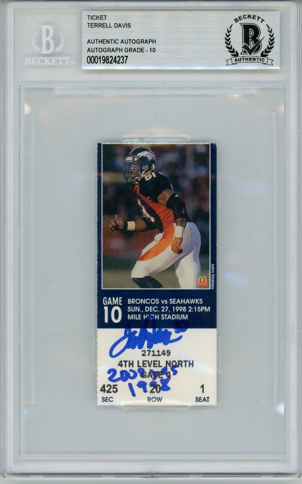 Terrell Davis Denver Broncos Signed Card - 12/27/1998 2008 yards Ticket Beckett Beckett-Powers Sports Memorabilia