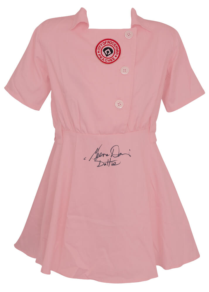 Geena Davis Autographed Rockford Peaches Pink Costume Women's Baseball-Powers Sports Memorabilia