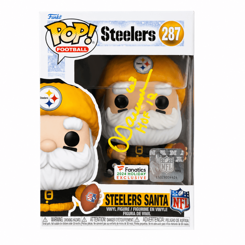 Dermontti Dawson Autographed Pittsburgh Steelers SANTA Funko Pop Doll #287 with HOF'12-Powers Sports Memorabilia