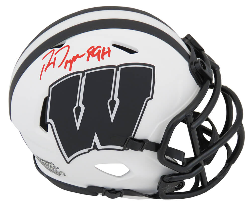 Ron Dayne Autographed Wisconsin Badgers Lunar Eclipse White Matte Riddell Speed Mini Helmet with 99H - (In Red)-Powers Sports Memorabilia