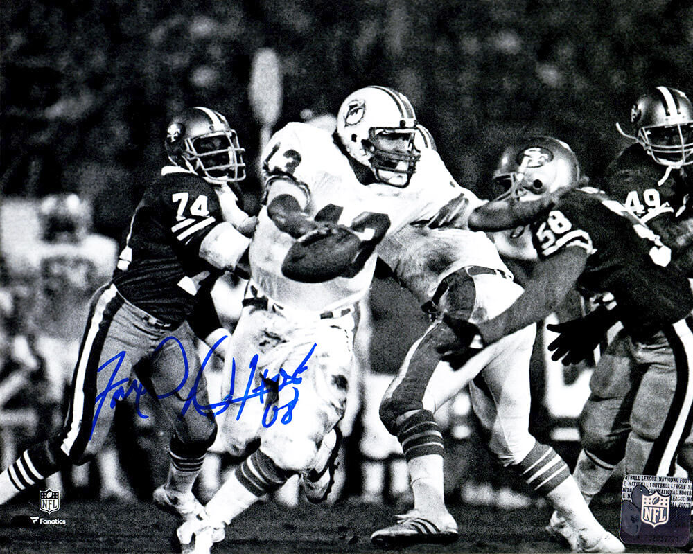 Fred Dean Autographed San Francisco 49ers Black and White Action Chasing Dan Marino 8x10 Photo with HOF 08-Powers Sports Memorabilia