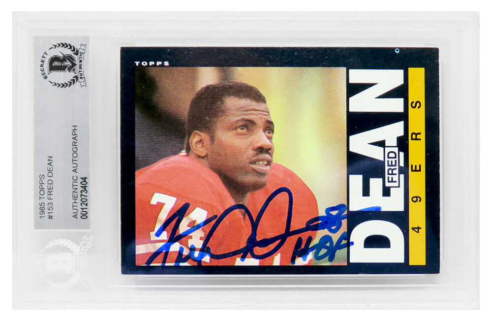 Fred Dean Autographed San Francisco 49ers 1985 Topps Football Card #153 with HOF 08-Powers Sports Memorabilia