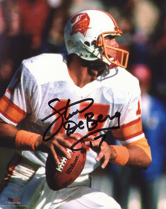 Steve DeBerg Autographed Tampa Bay Buccaneers Dropback Action 8x10 Photo-Powers Sports Memorabilia