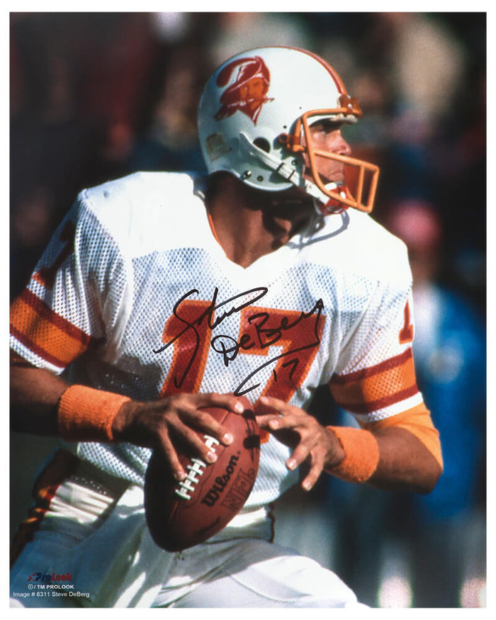 Steve DeBerg Autographed Tampa Bay Buccaneers Dropback Action 16x20 Photo-Powers Sports Memorabilia