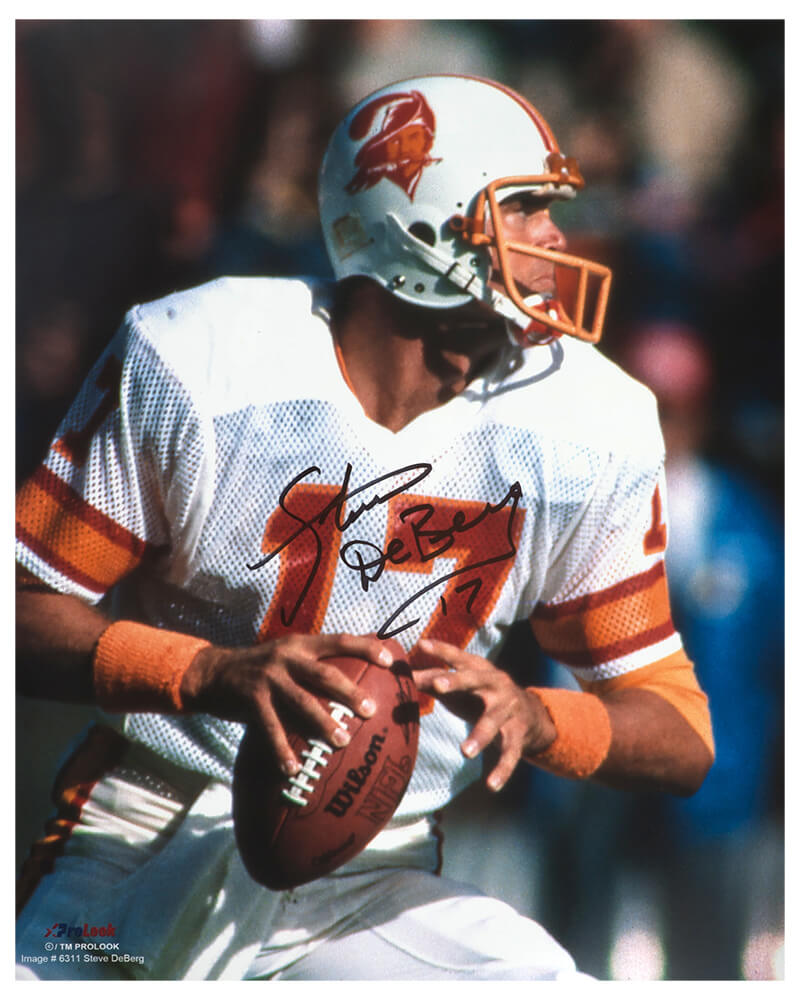Steve DeBerg Autographed Tampa Bay Buccaneers Dropback Action 16x20 Photo-Powers Sports Memorabilia