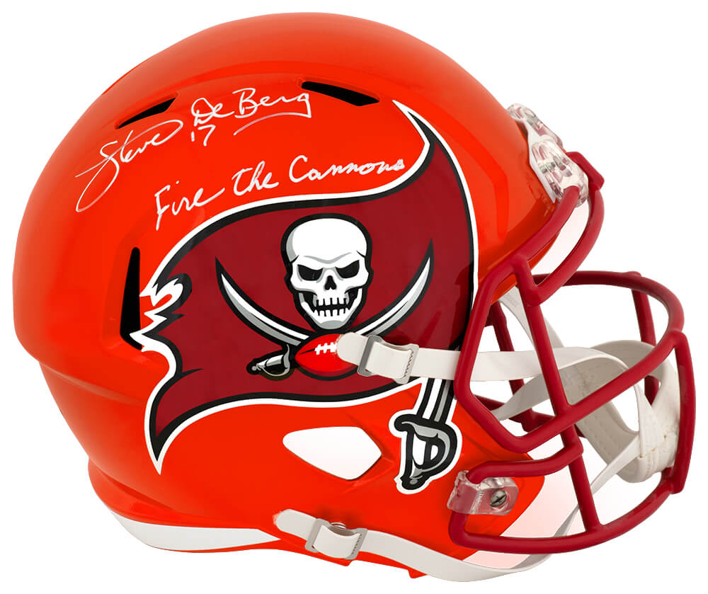 Steve DeBerg Autographed Tampa Bay Buccaneers FLASH Riddell Full Size Speed Replica Helmet with Fire The Cannons-Powers Sports Memorabilia