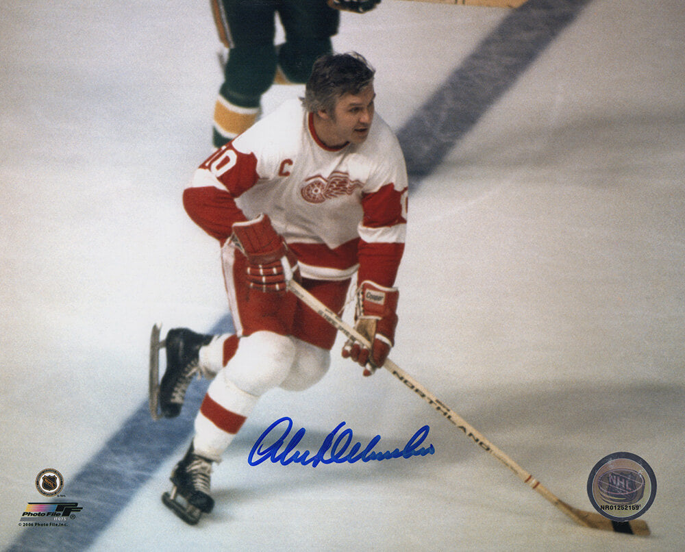 Alex Delvecchio Autographed Detroit Red Wings White Jersey Skating Action 8x10 Photo-Powers Sports Memorabilia