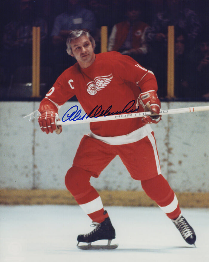 Alex Delvecchio Autographed Detroit Red Wings Red Jersey Skating 8x10 Photo-Powers Sports Memorabilia