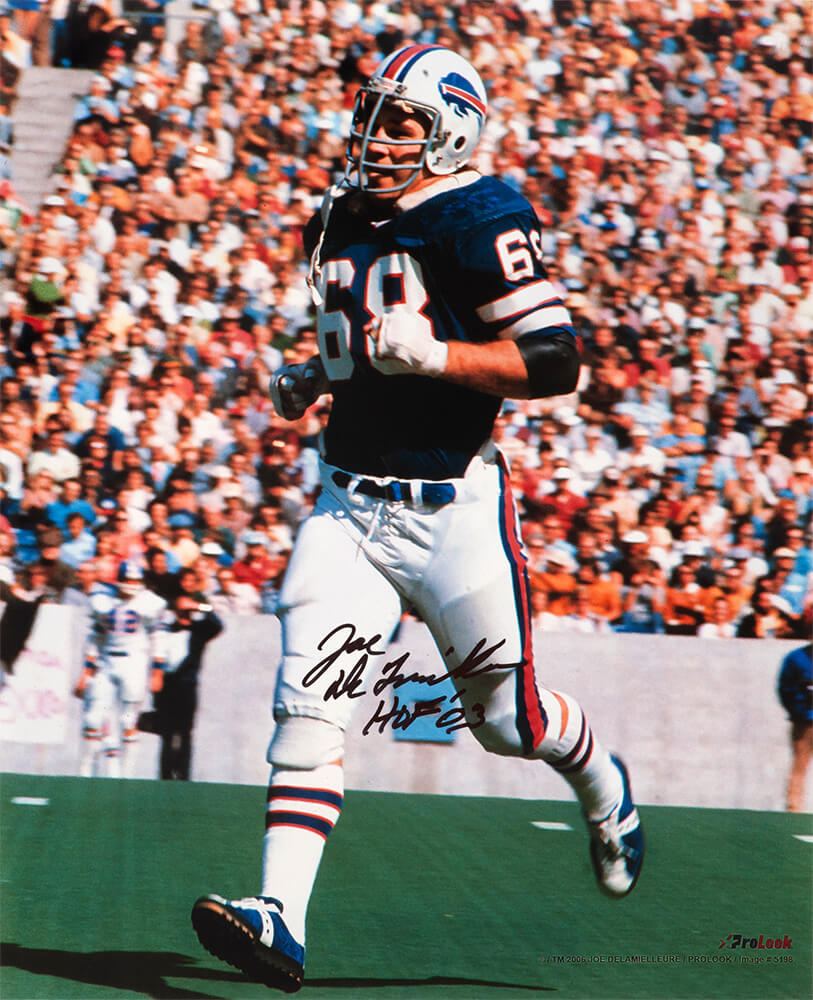 Joe DeLamielleure Autographed Buffalo Bills Blue Jersey Action 16x20 Photo with HOF'03-Powers Sports Memorabilia