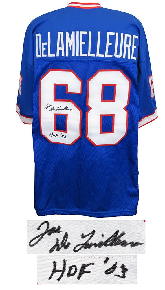 Joe DeLamielleure Autographed Blue Throwback Custom Football Jersey with HOF'03-Powers Sports Memorabilia
