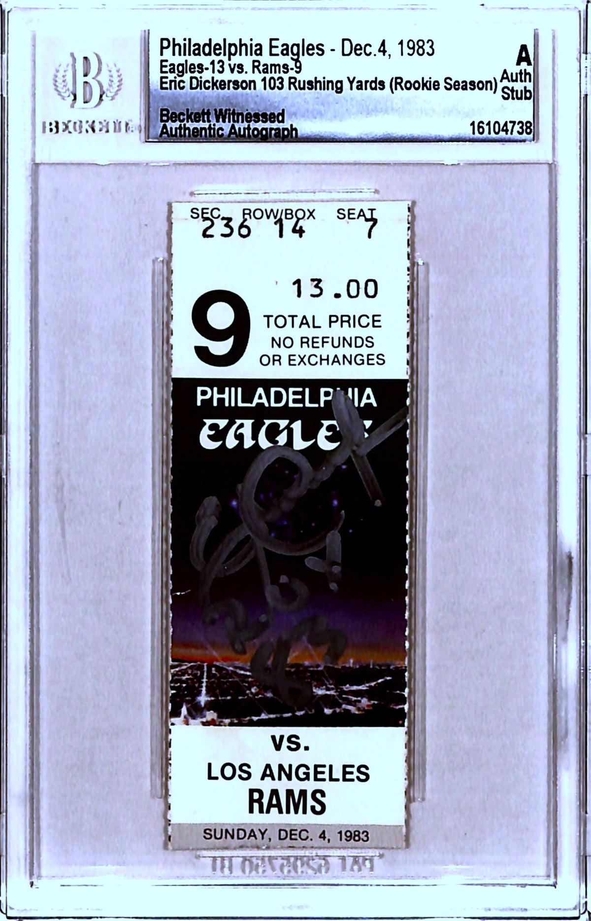 Eric Dickerson Signed Los Angeles Rams 12/04/83 Ticket ROY Beckett Slab-Powers Sports Memorabilia