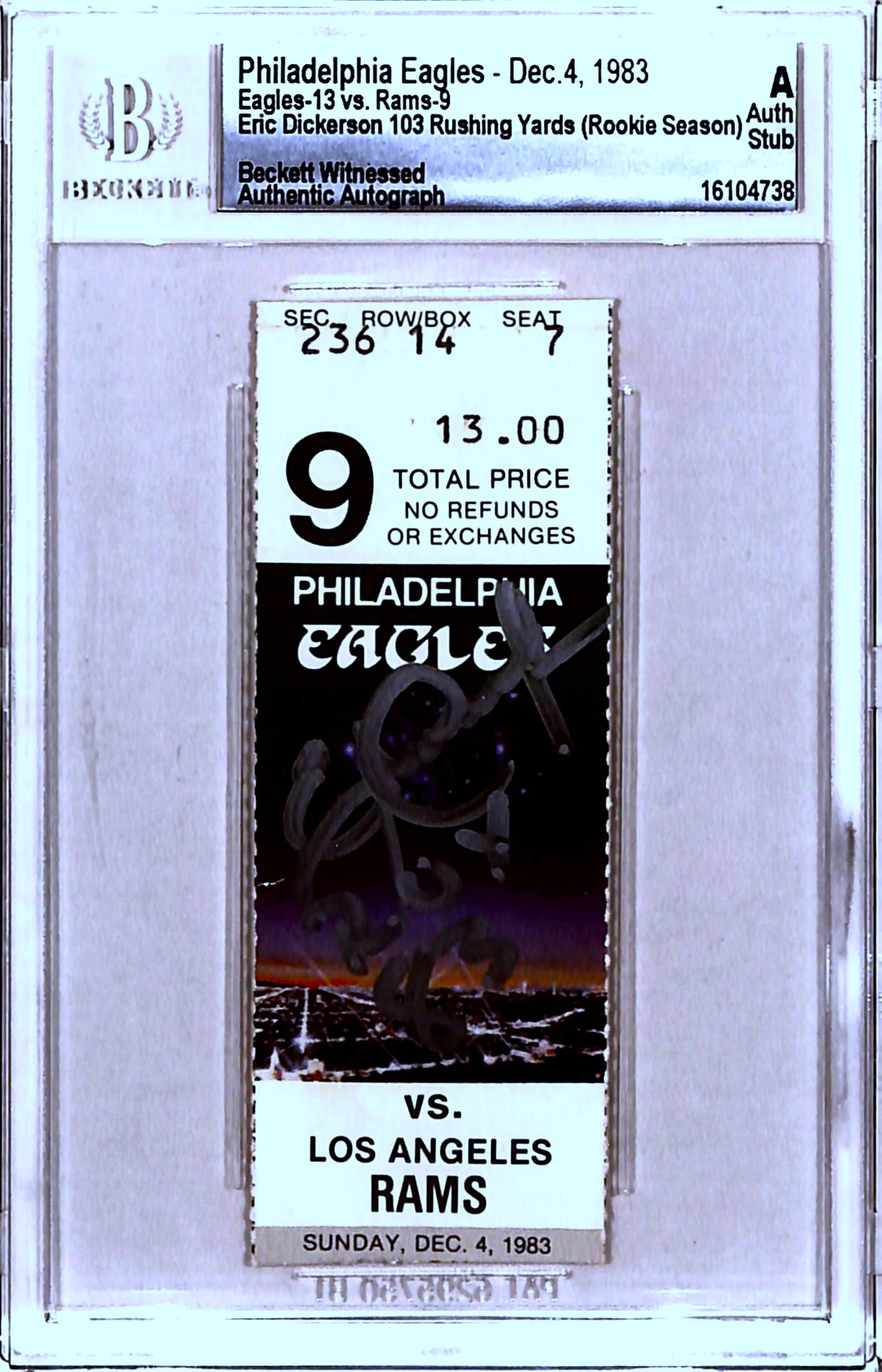 Eric Dickerson Signed Los Angeles Rams 12/04/83 Ticket ROY Beckett Slab-Powers Sports Memorabilia