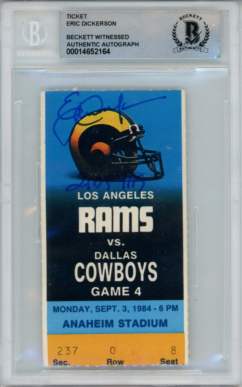 Eric Dickerson Los Angeles Rams Signed Card - 9/3/1983 vs Cowboys Ticket Stub Beckett Slab Beckett-Powers Sports Memorabilia
