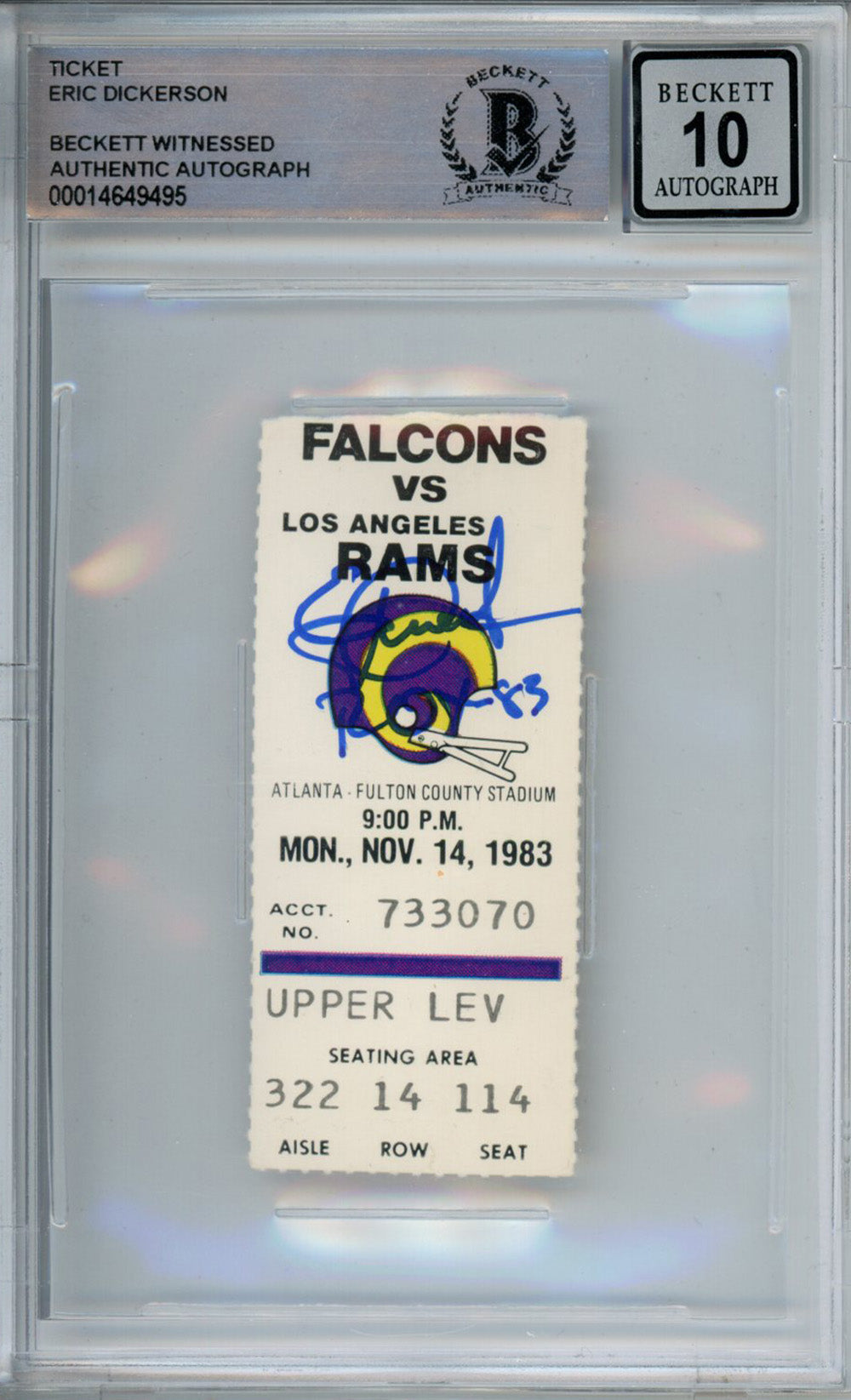 Eric Dickerson Los Angeles Rams Signed Card - 11/14/1983 Rams vs Falcons Ticket Stub Beckett Slab Beckett - 39245-Powers Sports Memorabilia