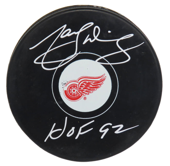 Marcel Dionne Autographed Detroit Red Wings Logo Hockey Puck with HOF'92-Powers Sports Memorabilia