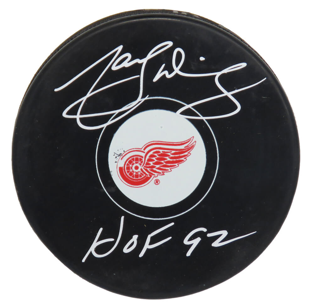 Marcel Dionne Autographed Detroit Red Wings Logo Hockey Puck with HOF'92-Powers Sports Memorabilia