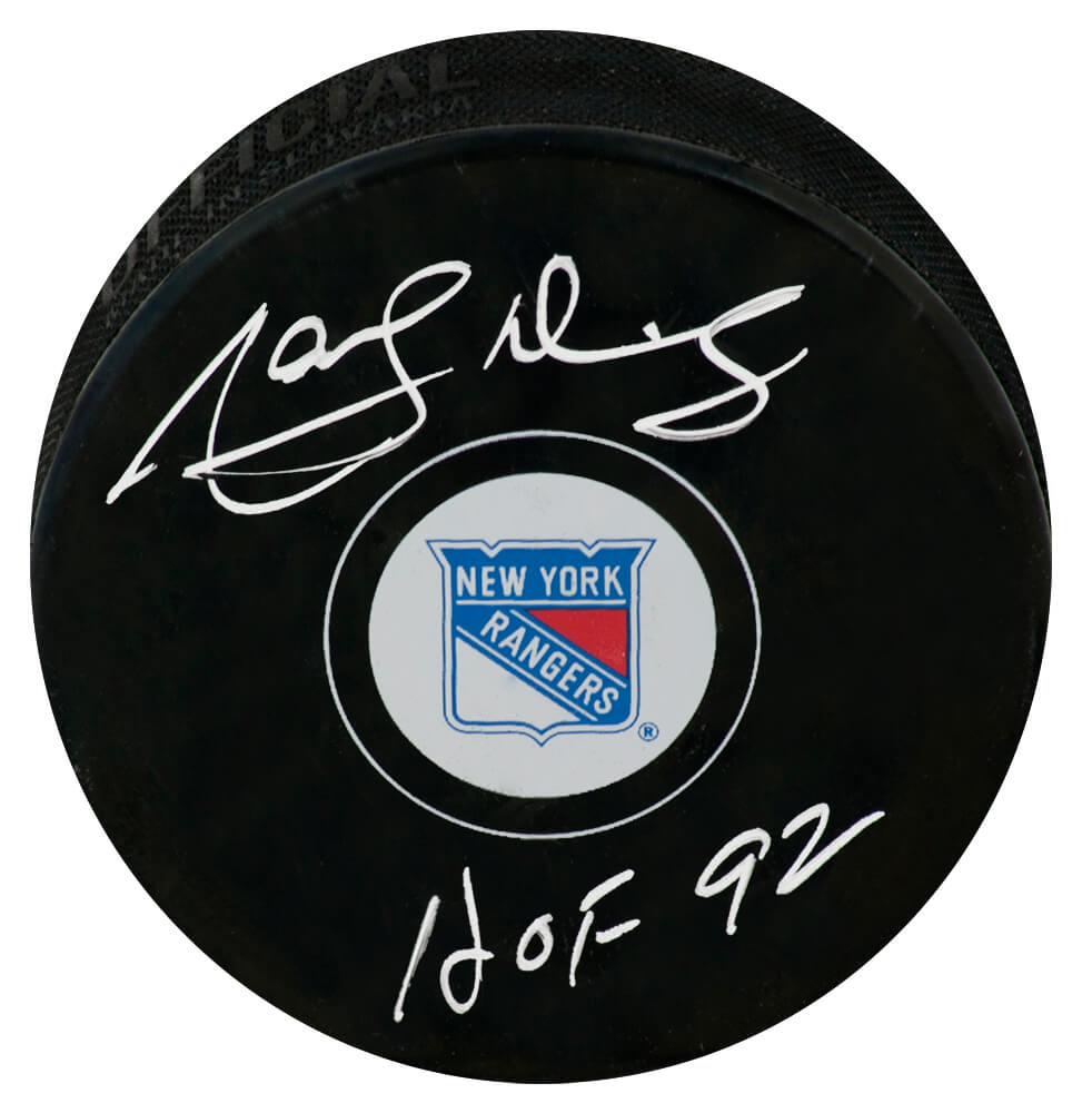 Marcel Dionne Autographed New York Rangers Logo Hockey Puck with HOF'92-Powers Sports Memorabilia
