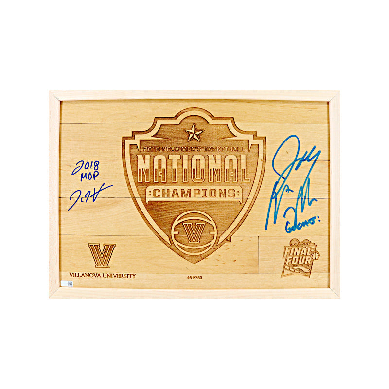 Donte DiVincenzo/Jay Wright Villanova University Dual Signed and Inscribed "2018 MOP" "Go Cats" 12"x15" Authentic Piece of Engraved 2018 Final Four Court-Powers Sports Memorabilia