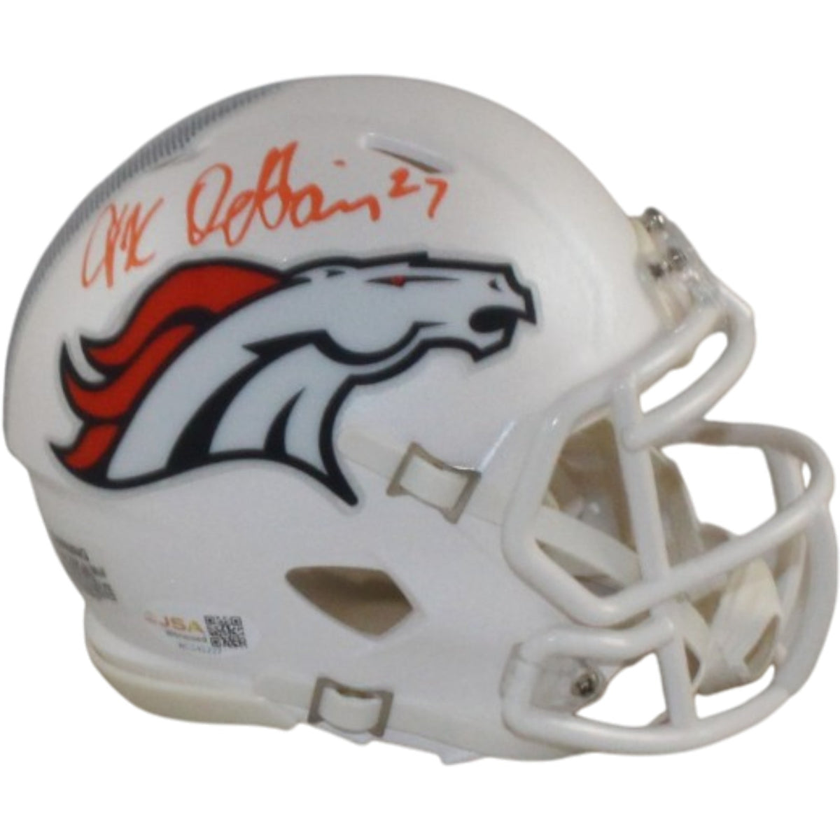 JK Dobbins Autogrraphed/ Denver Broncos 24 Alt Signed Mini Helmet-Powers Sports Memorabilia