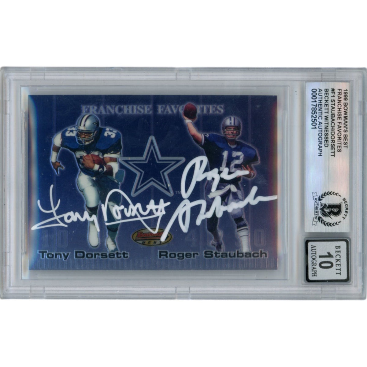 Roger Staubach Tony Dorsett Dallas Cowboys Signed Card - 99 Bowmans Best Slab Beckett Beckett-Powers Sports Memorabilia