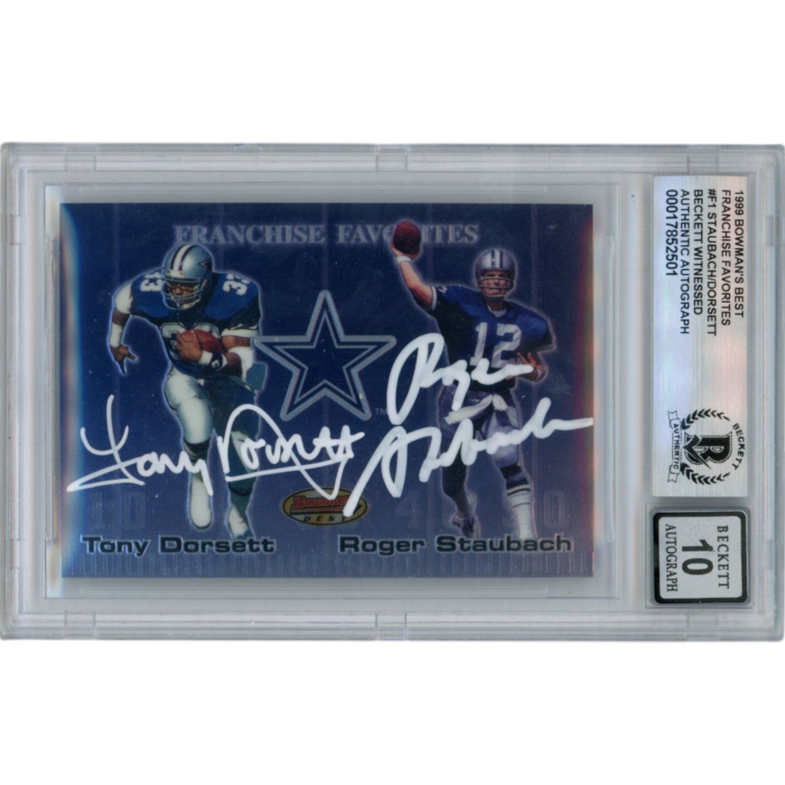 Roger Staubach Tony Dorsett Dallas Cowboys Signed Card - 99 Bowmans Best Slab Beckett Beckett-Powers Sports Memorabilia