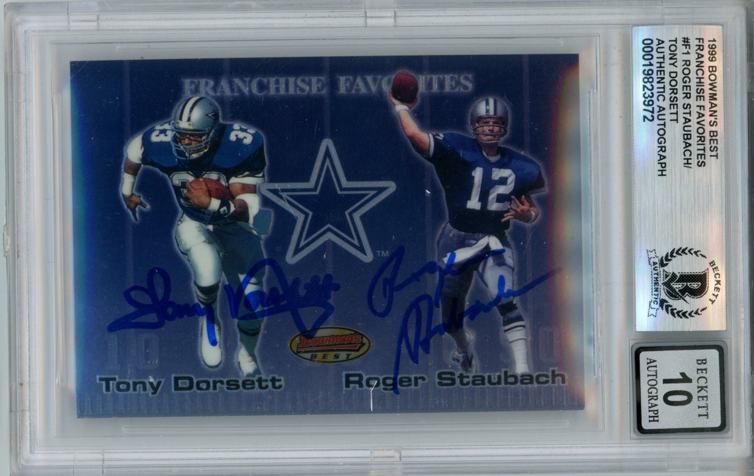 Tony Dorsett Roger Staubach Dallas Cowboys Signed Card - 1999 Topps F1 10 auto Slab Beckett Beckett-Powers Sports Memorabilia