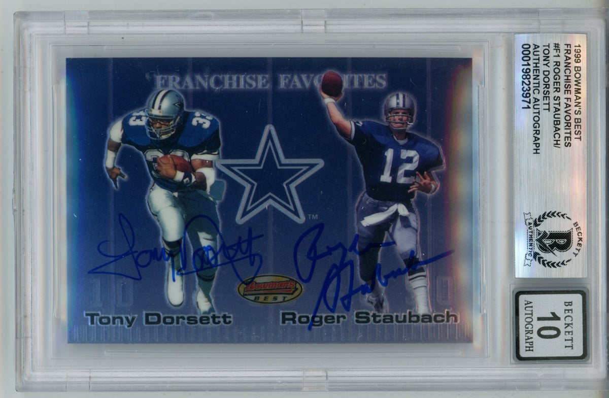 Tony Dorsett Roger Staubach Dallas Cowboys Signed Card - 1999 Topps F1 10 auto Slab Beckett Beckett - 57091-Powers Sports Memorabilia