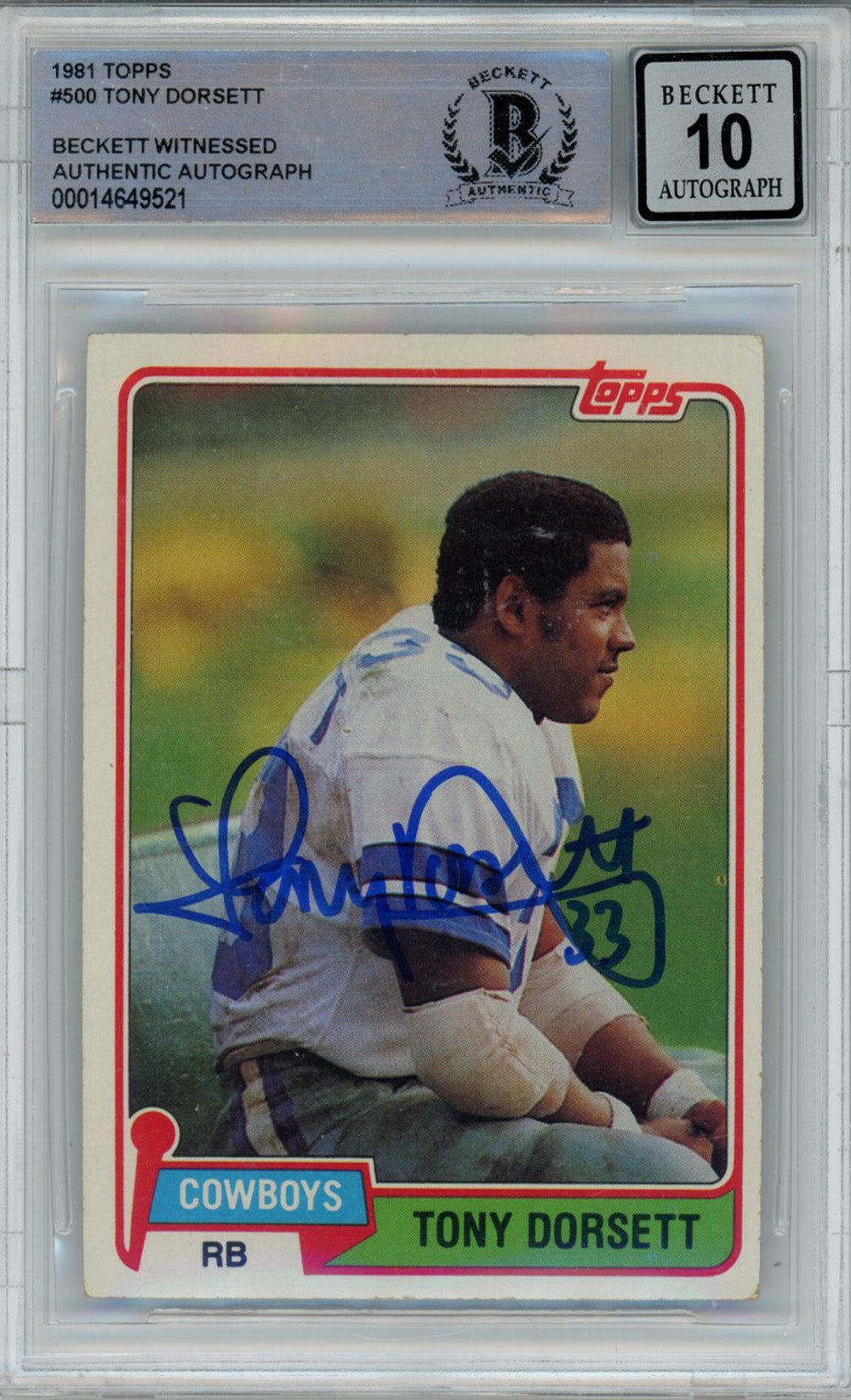 Tony Dorsett 1981 Topps #500 Trading Signed Card Beckett 10 Slab Beckett-Powers Sports Memorabilia