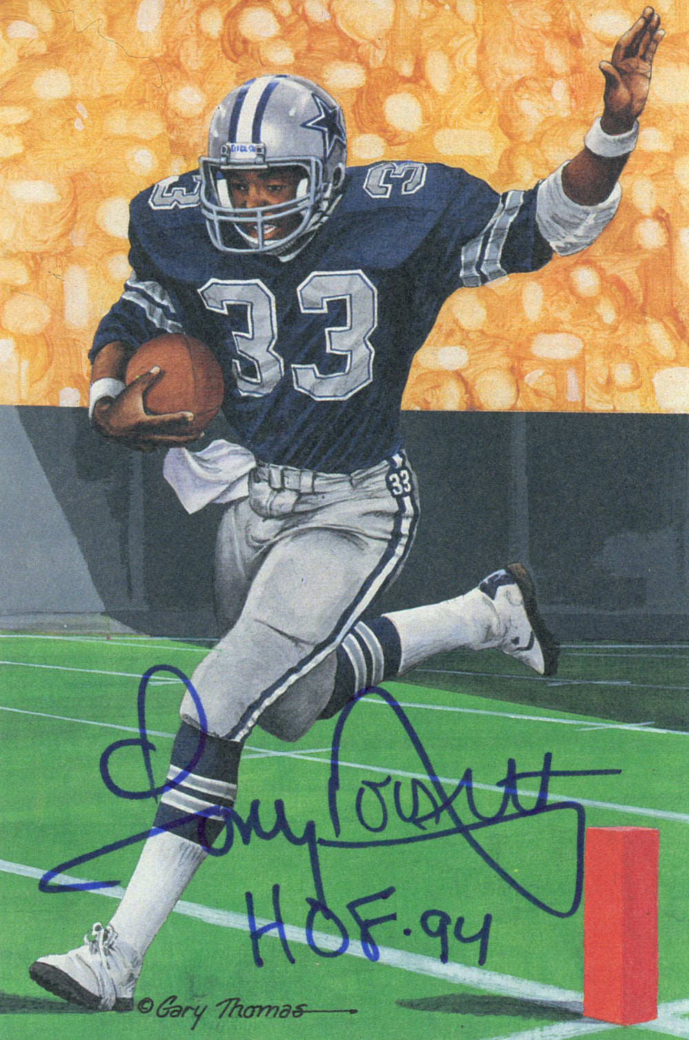 Tony Dorsett Dallas Cowboys Signed Goal Line Art Card Blue HOF-Powers Sports Memorabilia