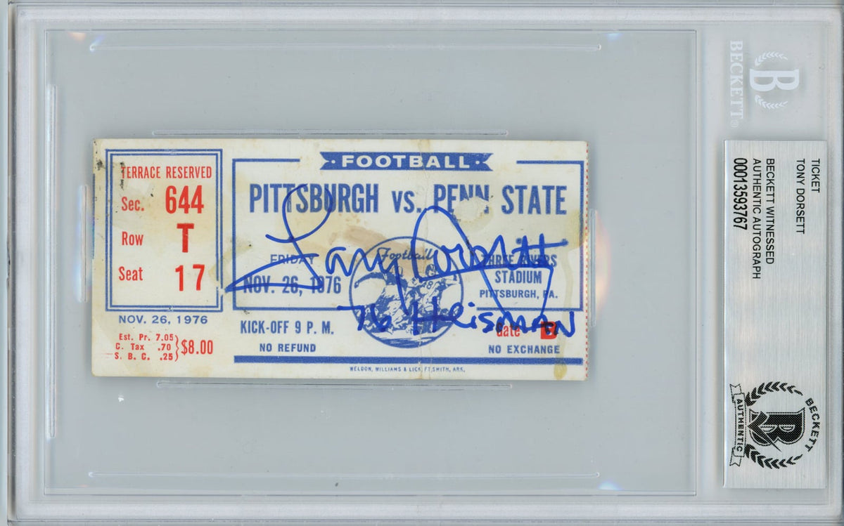 Tony Dorsett Pittsburgh Panthers Signed Card - Cowboys 11/26/1976 Ticket Stub Heisman 76 BAS Slab Beckett-Powers Sports Memorabilia