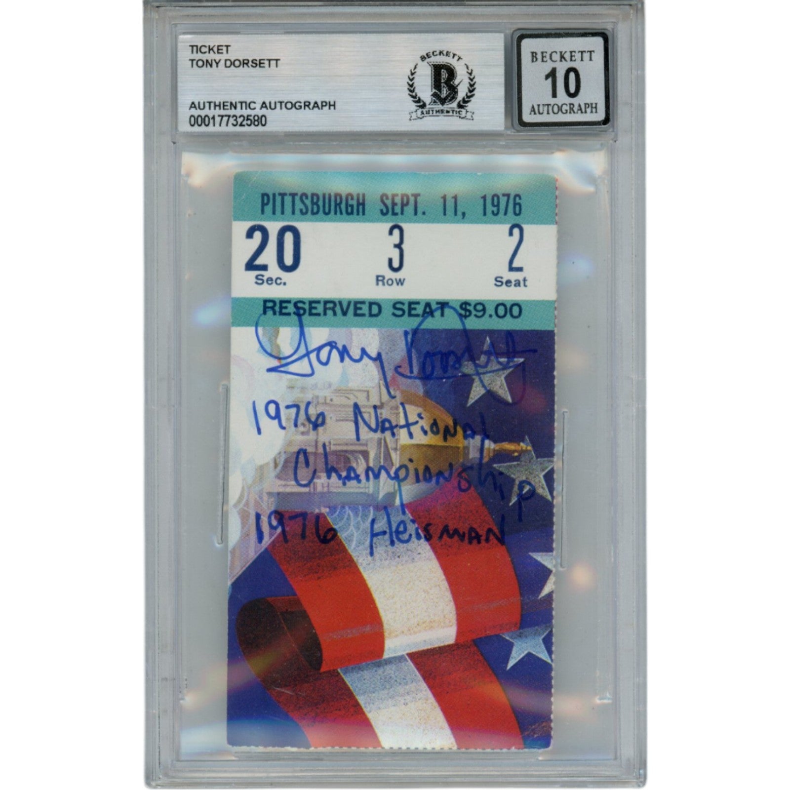 Tony Dorsett Pittsburgh Panthers Signed Card - Pitt Panthers 9/11/76 Ticket Stub 2 Insc. Beckett Beckett-Powers Sports Memorabilia