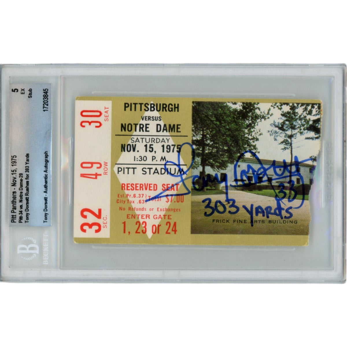 Tony Dorsett Pitt Panthers Signed Card - Pittsburgh Panthers 1975 Ticket Stub 303 yds Beckett-Powers Sports Memorabilia