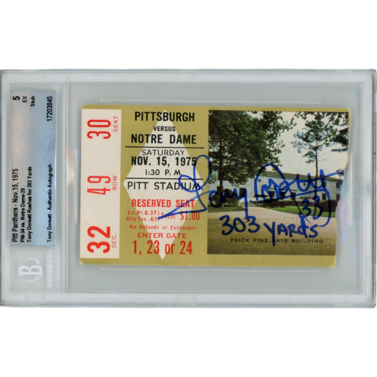 Tony Dorsett Pitt Panthers Signed Card - Pittsburgh Panthers 1975 Ticket Stub 303 yds Beckett-Powers Sports Memorabilia