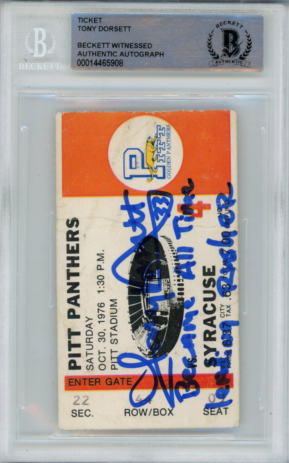 Tony Dorsett Pittsburgh Panthers Signed Card - 10/30/1976 Ticket Stub Became All Time Rusher BAS Slab Beckett-Powers Sports Memorabilia