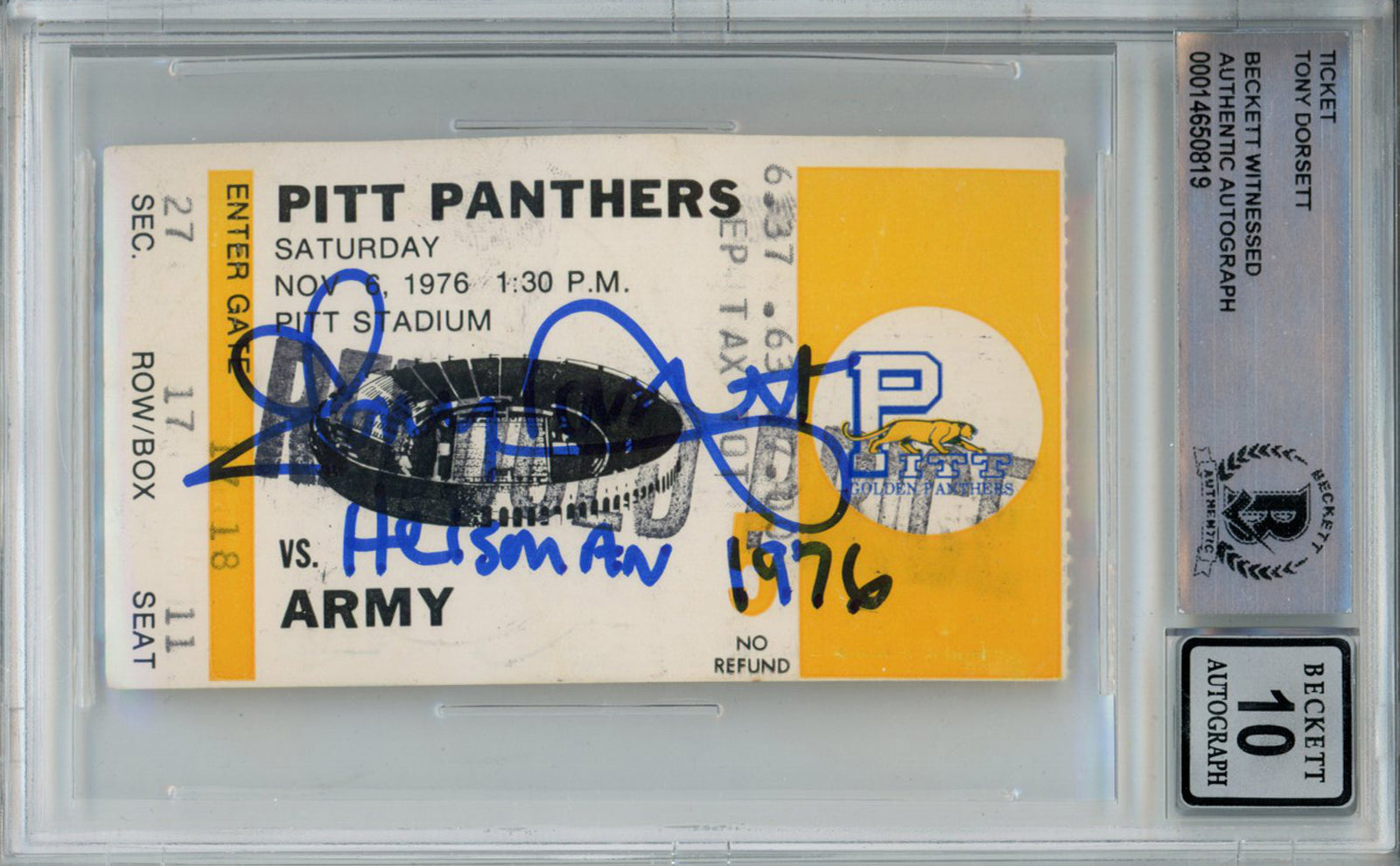 Tony Dorsett Pittsburgh Panthers Signed Card - 11/6/1979 vs Army Ticket Stub Heisman Beckett Slab Beckett-Powers Sports Memorabilia