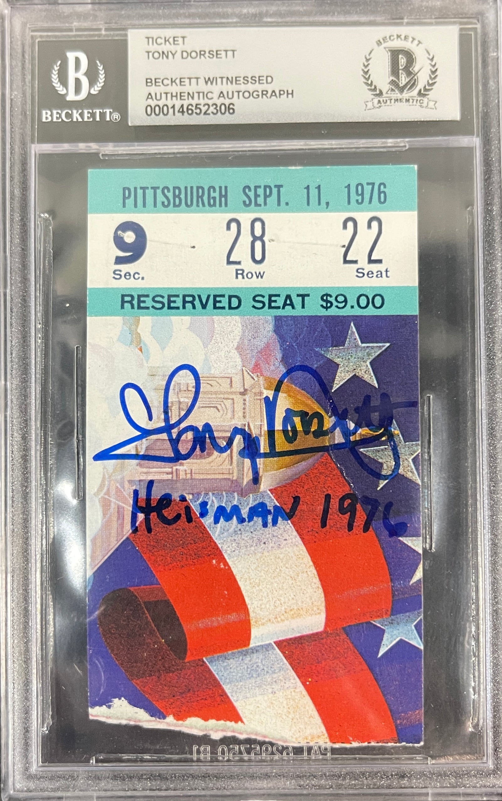Tony Dorsett Pittsburgh Panthers Signed Card - Ticket 9/11/76 vs ND BAS Slab Beckett-Powers Sports Memorabilia