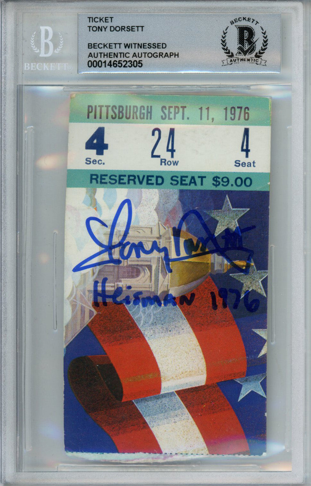 Tony Dorsett Pittsburgh Panthers Signed Card - 9/11/1976 vs Notre Dame Ticket Stub Heisman BAS Slab Beckett-Powers Sports Memorabilia
