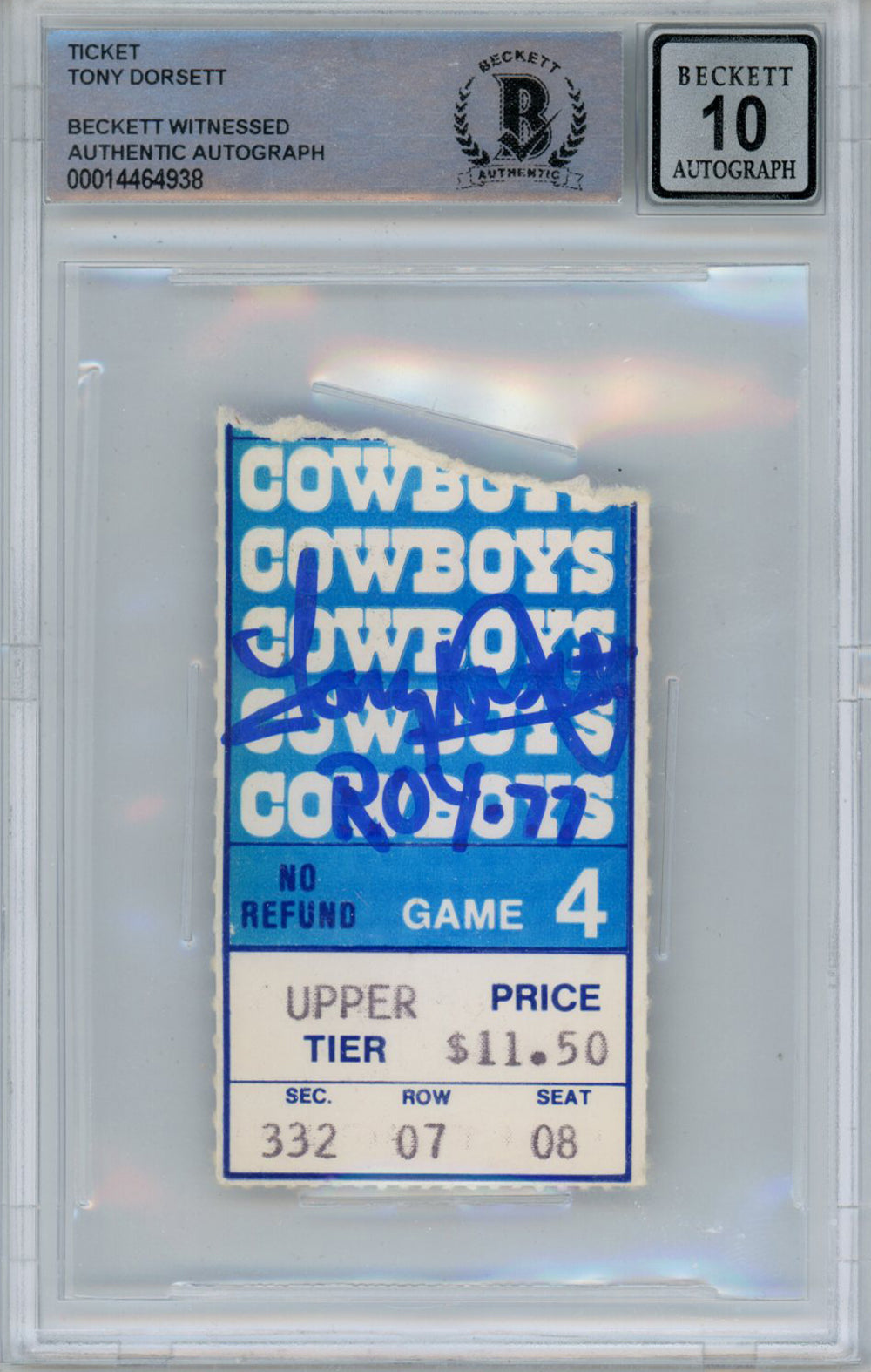 Tony Dorsett Dallas Cowboys Signed Card - Cowboys 1977 Game 4 Ticket Stub ROY Beckett 10 Slab Beckett-Powers Sports Memorabilia