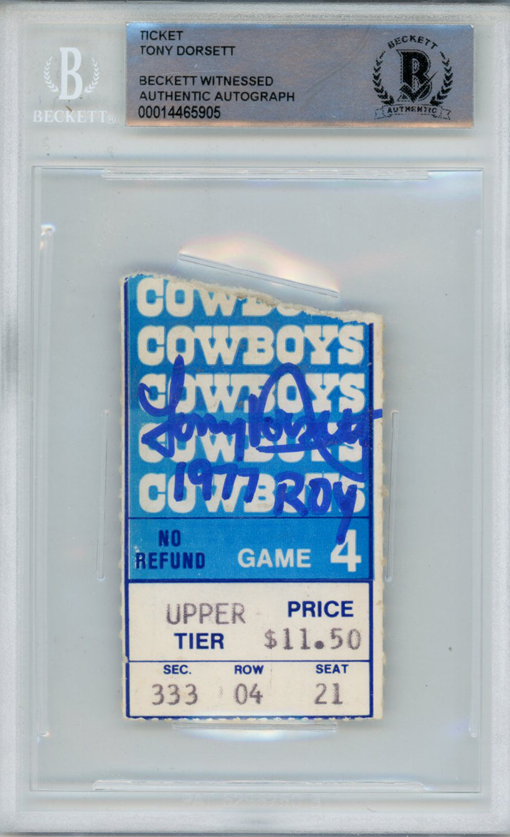 Tony Dorsett Dallas Cowboys Signed Card - Cowboys 1977 Game 4 Ticket Stub ROY Beckett Slab Beckett - 38642-Powers Sports Memorabilia