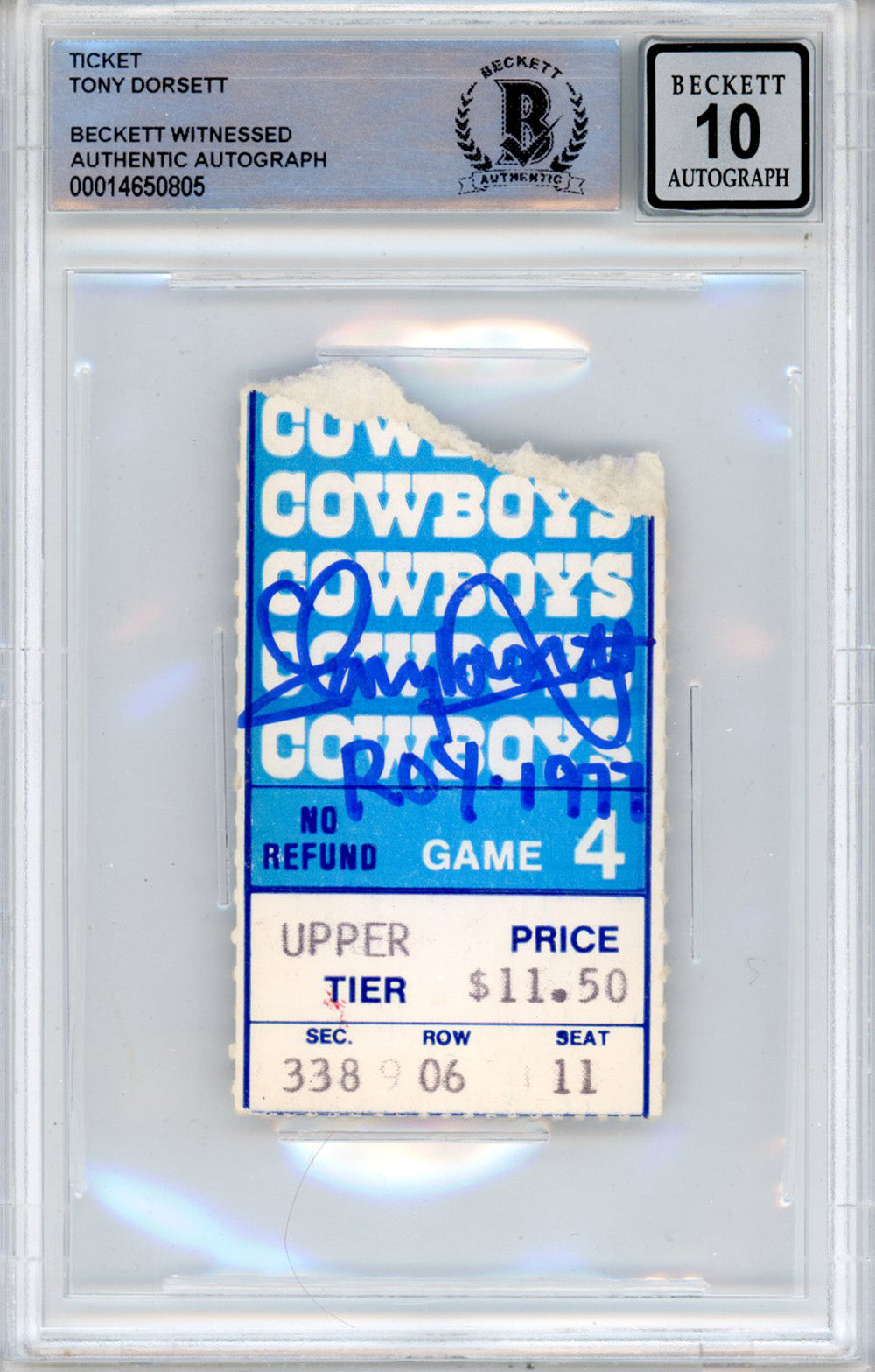 Tony Dorsett Dallas Cowboys Signed Card - 11/6/1977 vs Giants Ticket Stub Beckett Slab Beckett-Powers Sports Memorabilia