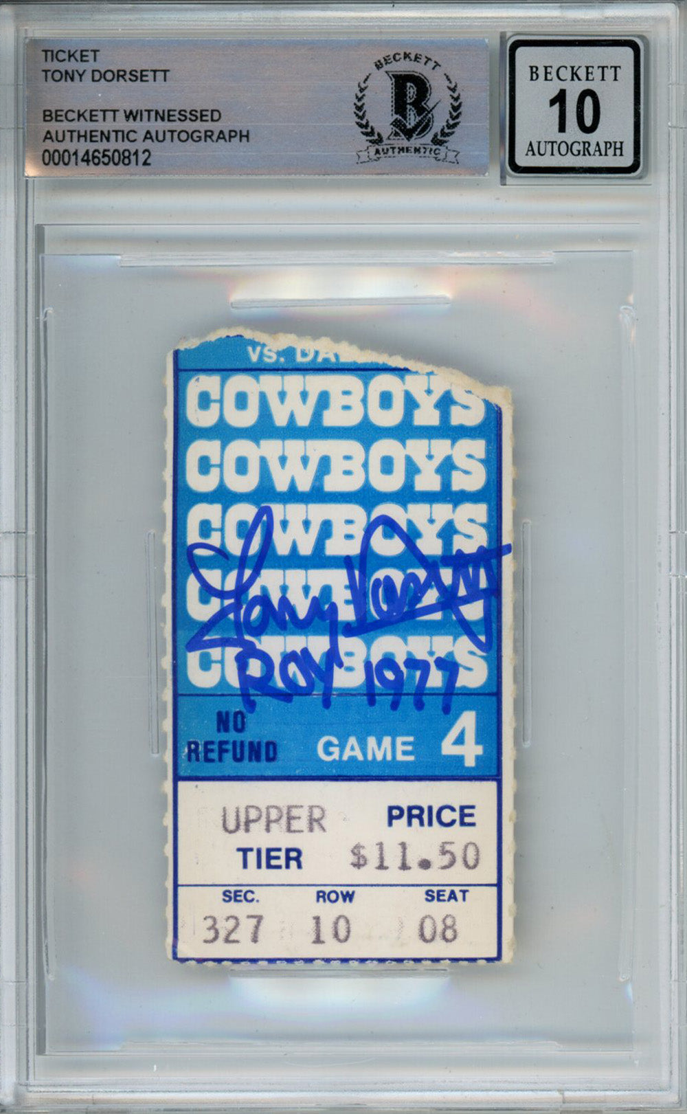 Tony Dorsett Dallas Cowboys Signed Card - 11/6/1997 Cowboys vs Giants Ticket Stub Beckett Slab Beckett-Powers Sports Memorabilia