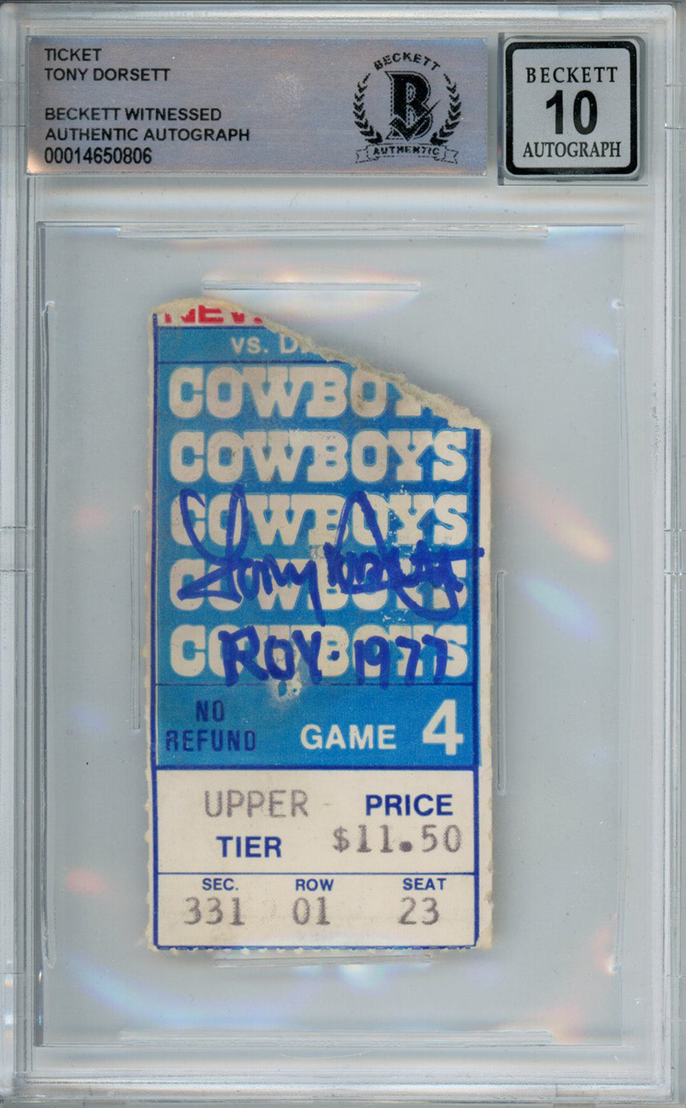 Tony Dorsett Dallas Cowboys Signed Card - 11/6/1977 vs Giants Ticket Stub ROY Beckett Slab Beckett-Powers Sports Memorabilia