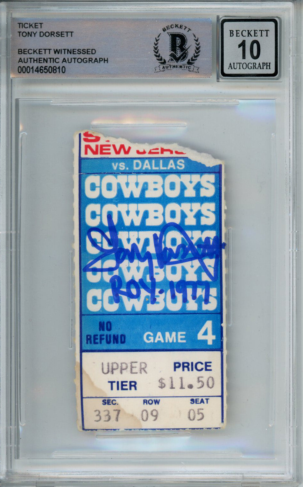 Tony Dorsett Dallas Cowboys Signed Card - 11/6/1977 vs Giants Ticket Stub ROY Beckett Slab Beckett - 39247-Powers Sports Memorabilia
