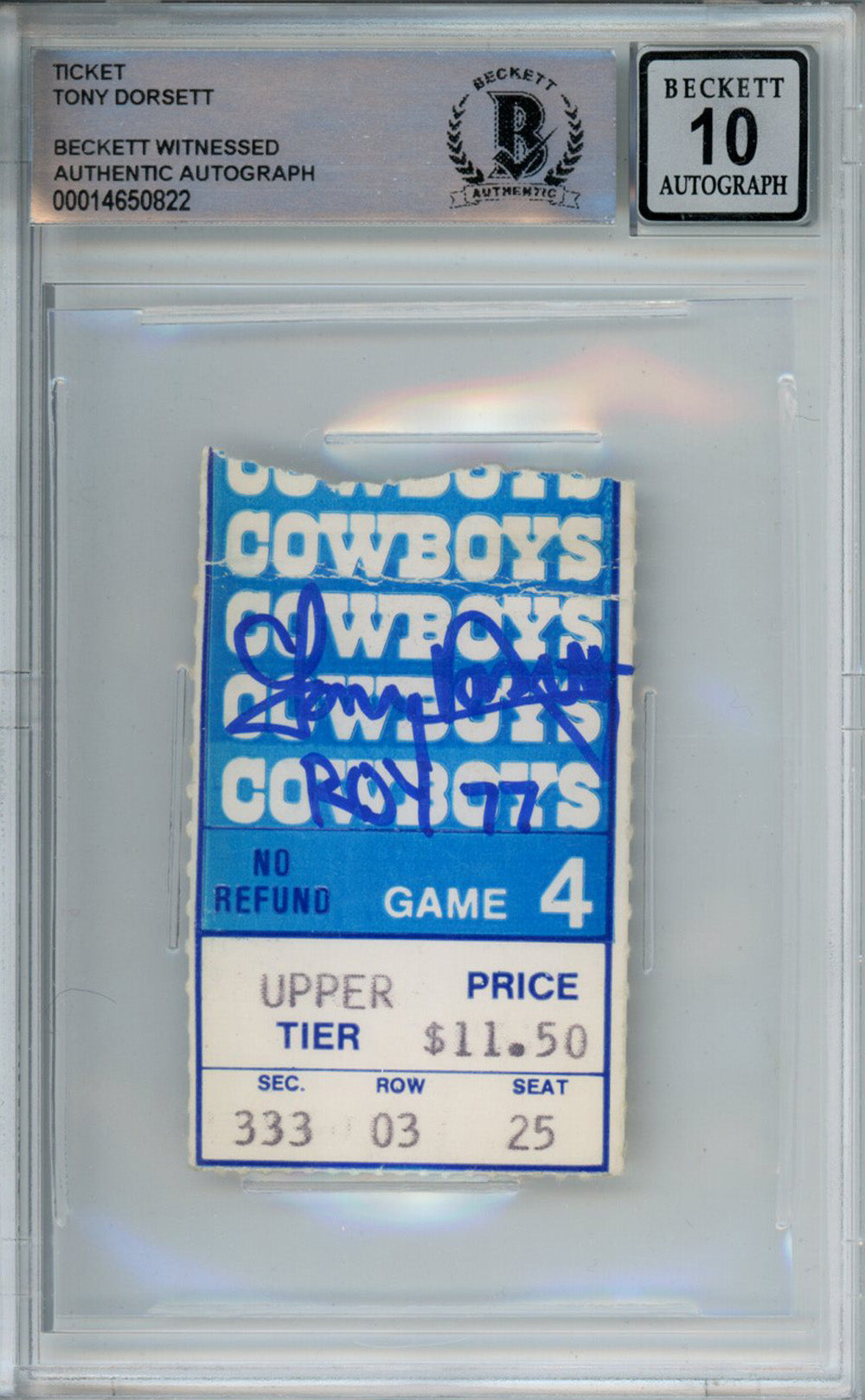 Tony Dorsett Dallas Cowboys Signed Card - 11/6/1977 vs Giants Ticket Stub ROY Beckett Slab Beckett - 39254-Powers Sports Memorabilia
