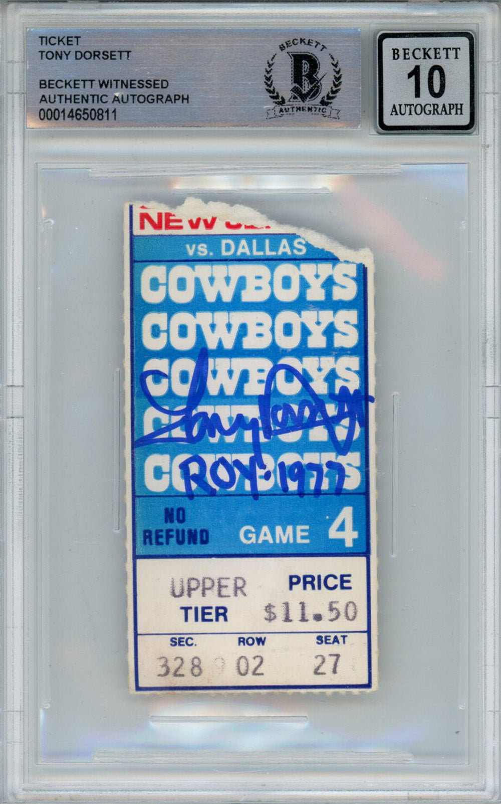Tony Dorsett Dallas Cowboys Signed Card - 11/6/1977 vs Giants Ticket Stub Beckett 10 Slab Beckett-Powers Sports Memorabilia
