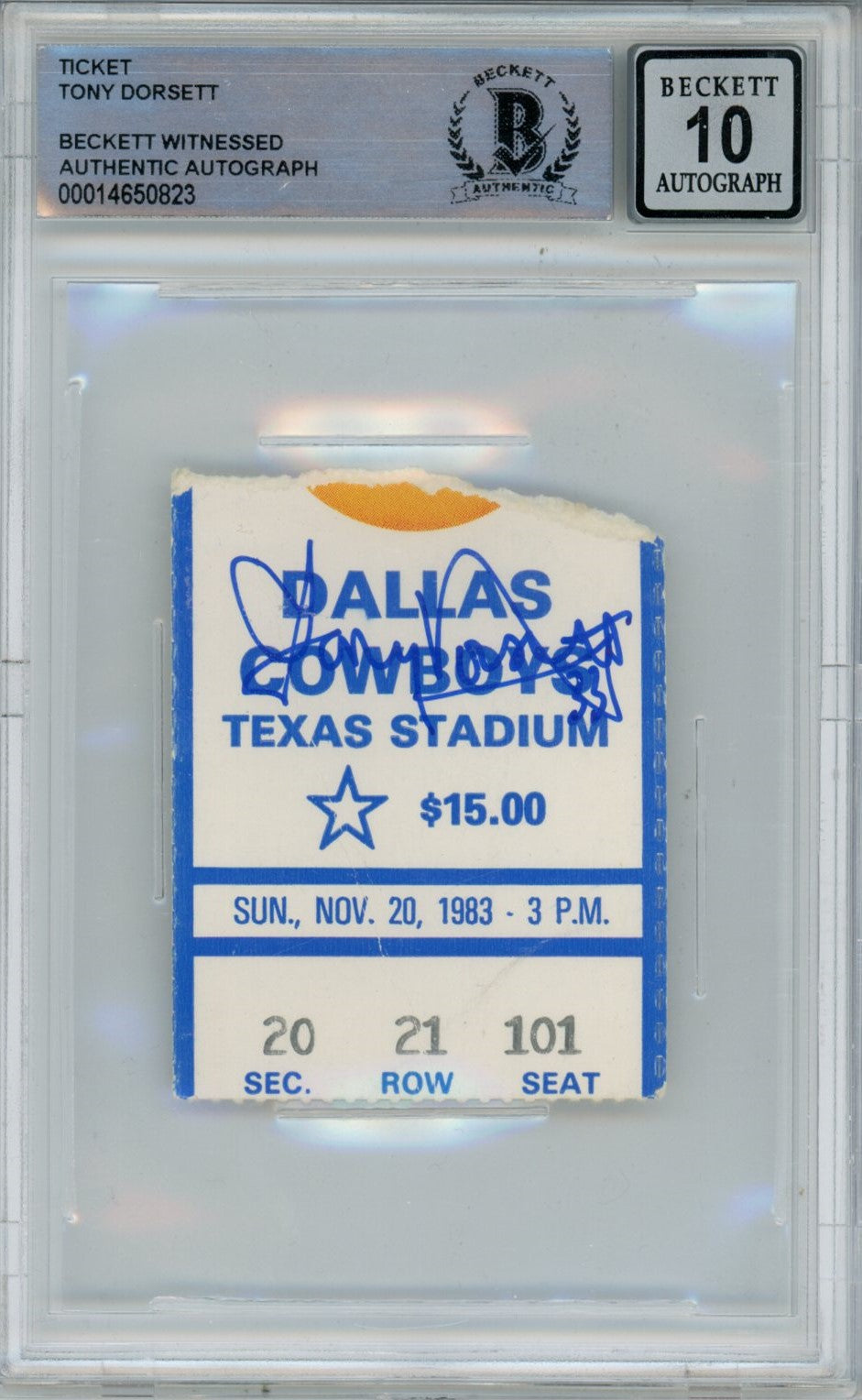 Tony Dorsett Dallas Cowboys Signed Card - Ticket 11/2083 vs Chiefs BAS Slab Beckett-Powers Sports Memorabilia