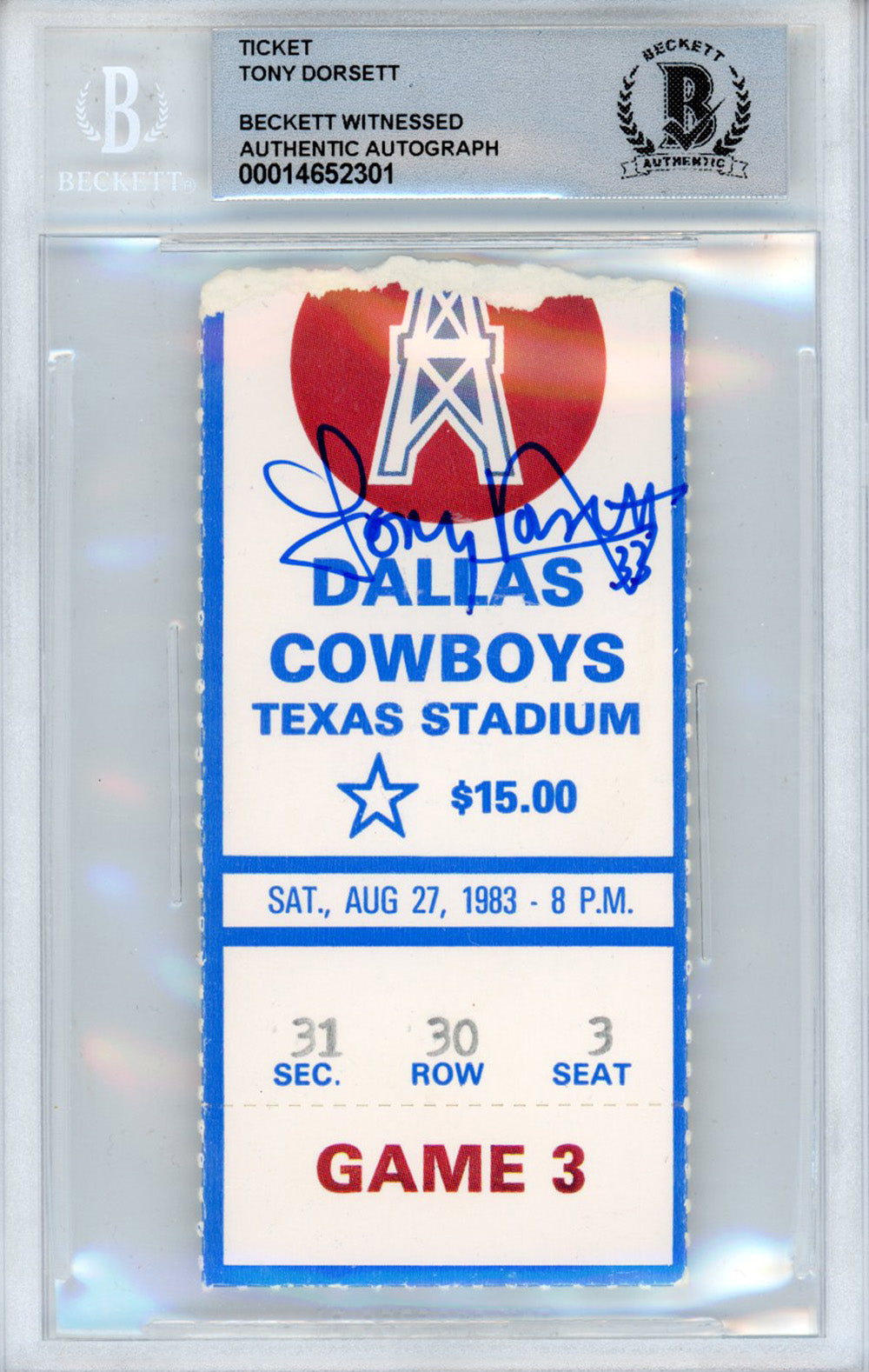 Tony Dorsett Dallas Cowboys Signed Card - 8/27/1983 vs Oilers Ticket Stub Beckett Slab Beckett-Powers Sports Memorabilia