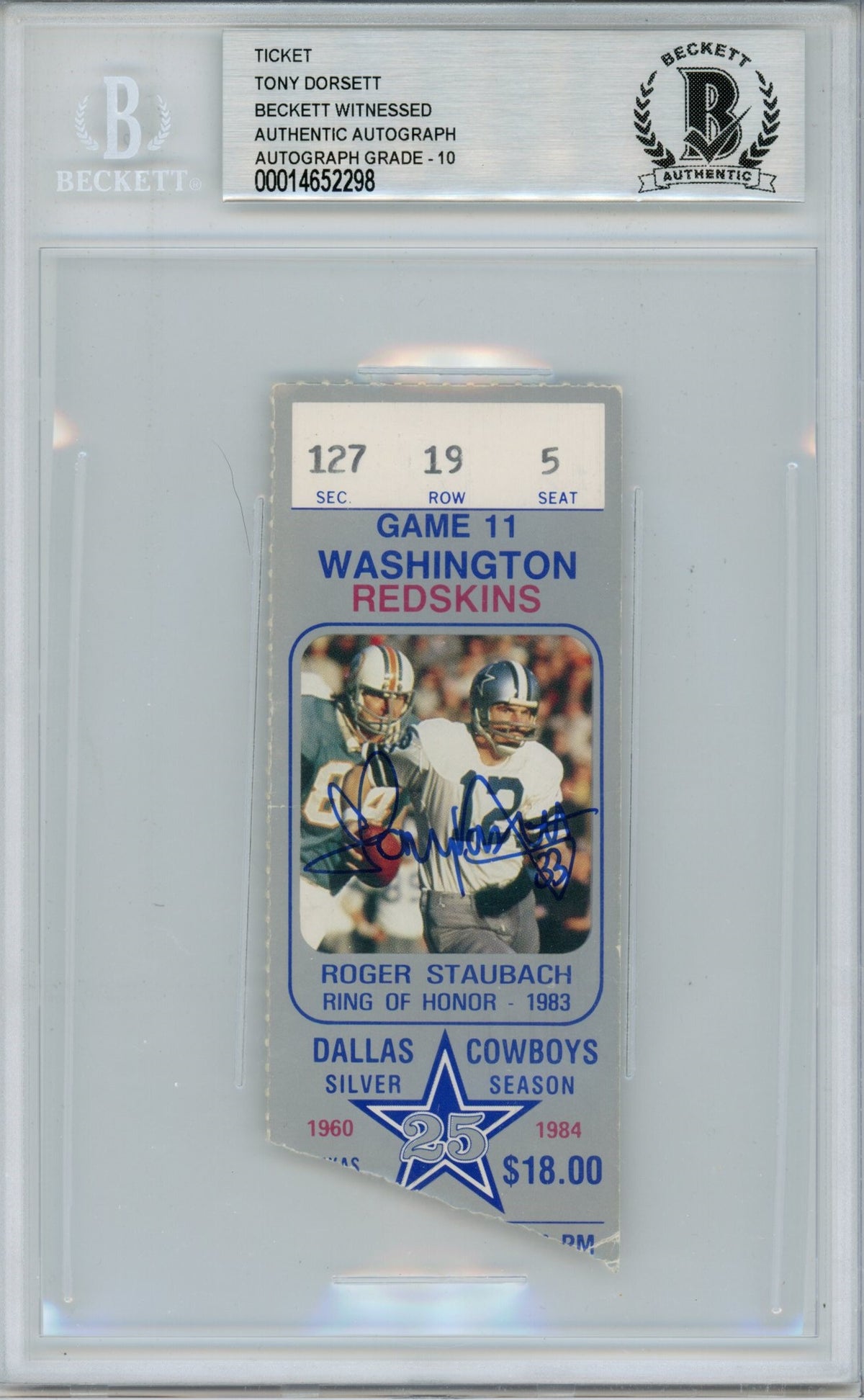 Tony Dorsett Dallas Cowboys Signed Card - Ticket 12/9/84 vs WAS BAS Slab Beckett-Powers Sports Memorabilia