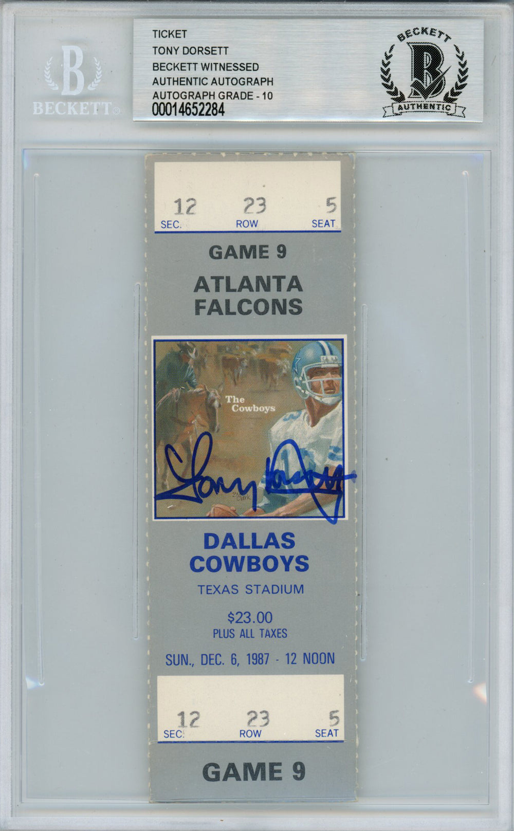 Tony Dorsett Dallas Cowboys Signed Card - 12/6/1987 vs Flacons Ticket Beckett Slab Beckett-Powers Sports Memorabilia