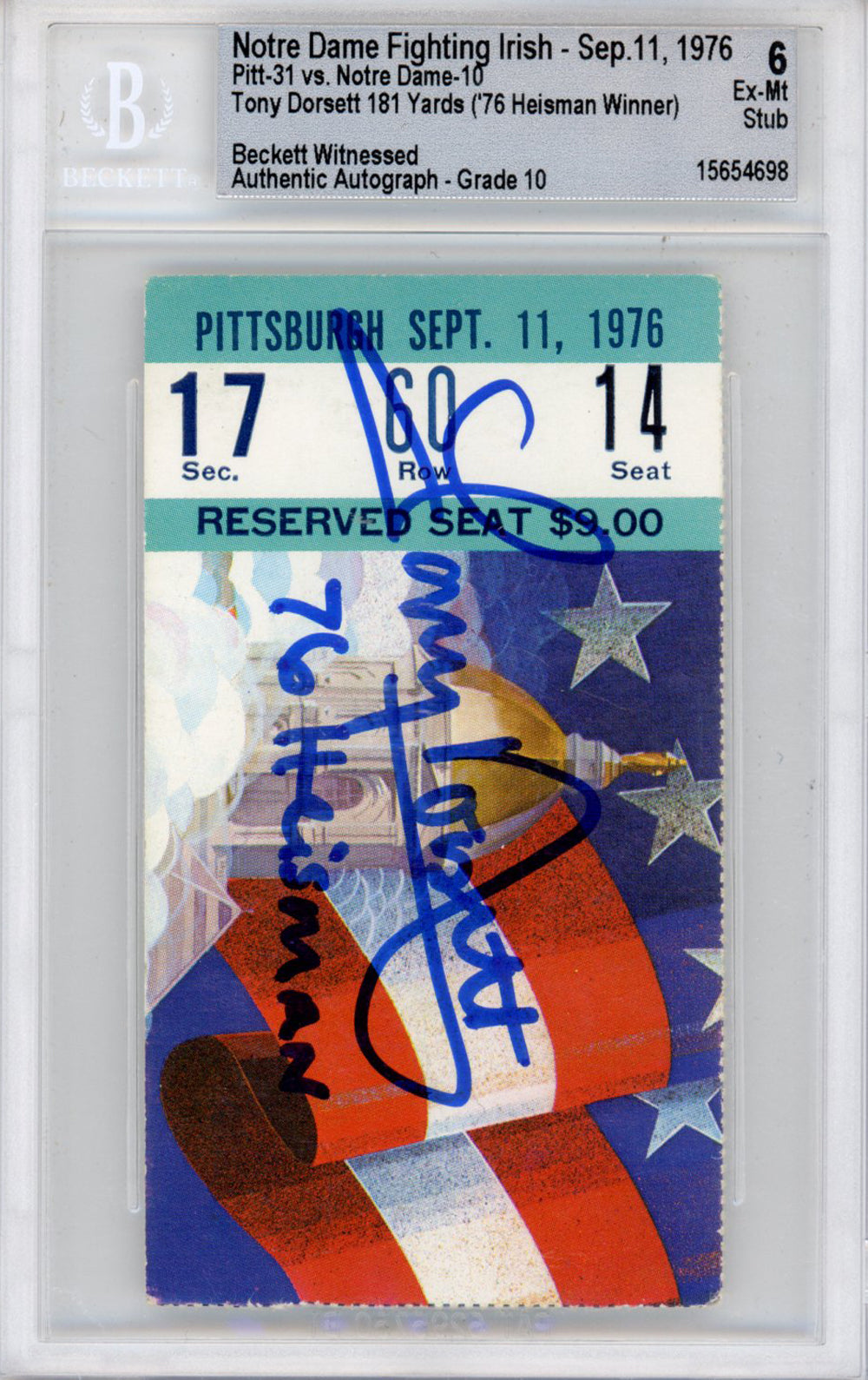 Tony Dorsett Pittsburgh Panthers Signed Card - Ticket 9/11/76 Pitt Panthers BAS Slabbed Beckett-Powers Sports Memorabilia